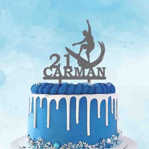 Personalized Surfing Cake Topper Custom Name Age Man Surfing Silhouette For Surfing Fans Birthday Beach Party Cake Decoration