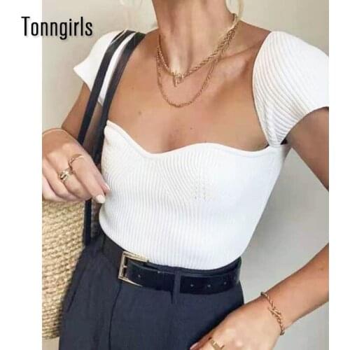 Tonngirls Chic Knitted Tops Short Sleeve Slim Womens T-shirt 2021 Summer Sexy T Shirt Women Clothes Harajuku Tee Shirt Femme