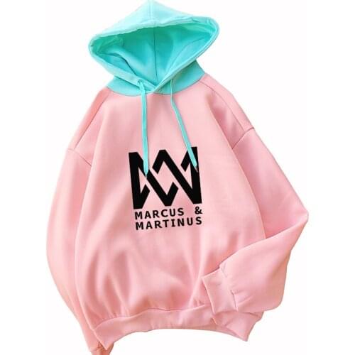 Hoodie Winter Women New Kpop Fleece Hooded Sweatshirt Harajuku MARCUS % MARTINUS Letter Printed Drop Shoulder Splicing Pullovers
