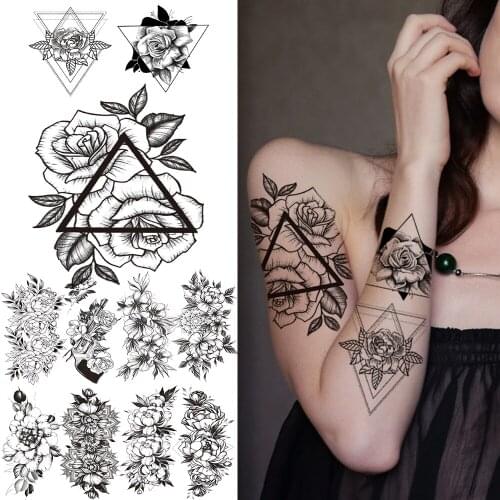 Triangle Realistic Large Rose Fake Tattoo Sticker For Women Girls Dahlia Peony Temporary Tattoos DIY Black Tattoo For Holiday