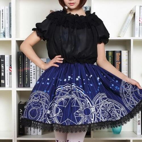 CARDCAPTOR SAKURA Navy blue Gothic lolita Short Pleated Skirt Moon Star Magic Geometric Print Womens skirts Teens Young girls