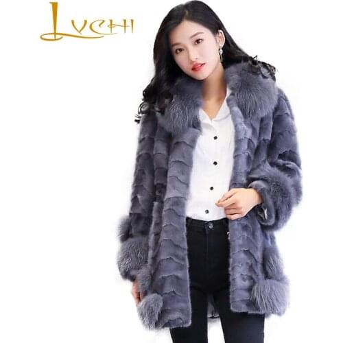 LVCHI Winter 2019 Real Mink Fur Coat Natural Fur Causal Coat Womens With Fox Fur Collar Long Sleeve Draped Long Loss Mink Coats