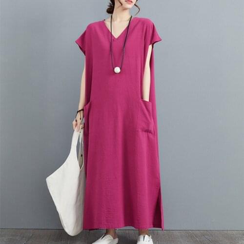 Vintage Cotton Linen Dress 2021 New Arrival Short Sleeve Loose Summer Dress Pockets Holiday Travel Casual Women Beach Dress