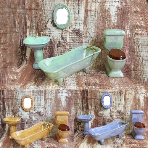 1:12 Dollhouse Miniature Green Porcelain Bathroom Set Toilet Basin Bathtub DIY