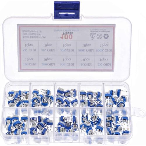 100pcs/box 10Kinds RM065 (100 ohm - 500K) 6MM Horizontal Trimpot Potentiometer Assortment Kit set