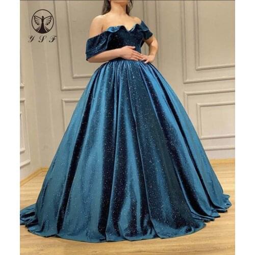 2022 Classic Prom Dresses Ball Gown Off the Shoulder Sweetheart Turquoise Puffy Vestidos De Formature