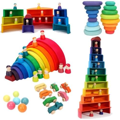 Large Size Wooden Rainbow Blocks Nordic Macaron Wooden Building Blocks Creative Rainbow Stacker Montessori Educational Baby Toys