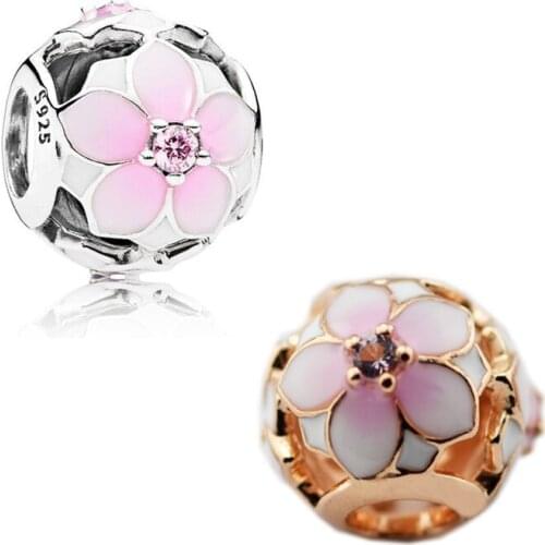 925 Sterling Silver Beads for Jewelry Making Pink Enamel Flowers Openwork Crystal Beads for Charm Bracelet Rose Golden Jewelry