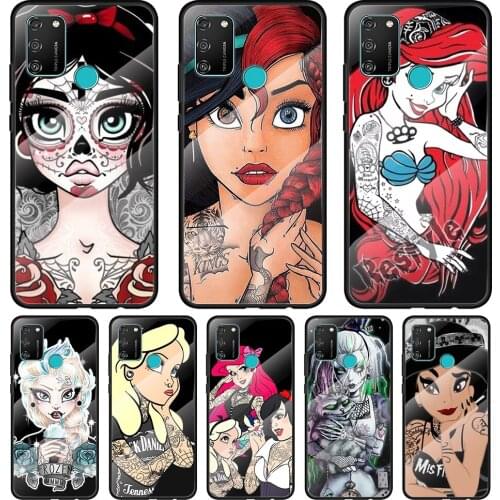 Tattoo Disney Princess Tempered Glass Cover For Honor 30 20 10 9X 8X Pro Plus Lite Silicone Phone Case Coque