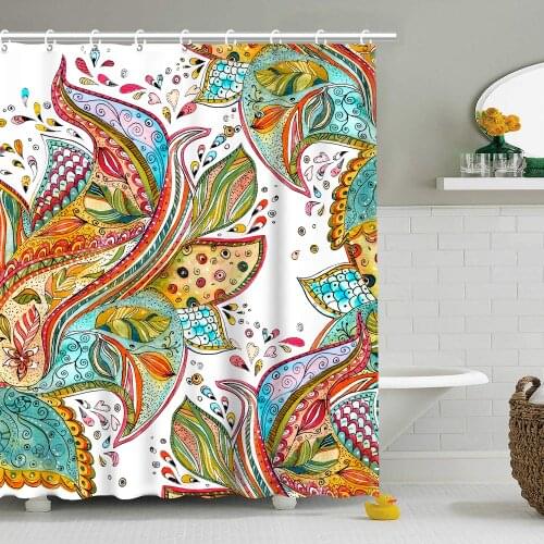 Shower Curtain Ethnic Oriental Floral Leaf Fabric Bathroom Decor Set with 12Hooks, x
