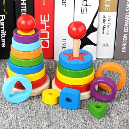 Baby Wooden Toys Rainbow Building Blocks Pyramid Nesting Stacking Toys Shape Matching Game Puzzle Toys For Children Gifts
