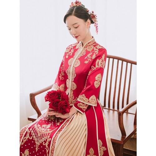 Classic Chinese Style Traditional Wedding Long Dress Rhinestone Cheongsam Banquet Elegant Bride Qipao китайская одежда