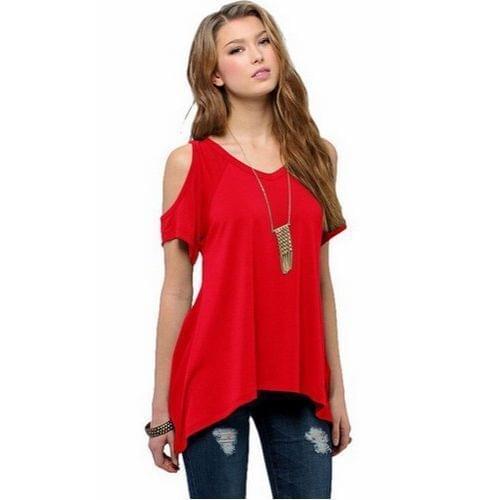 2020 Summer Irregular Casual Simple Womens Solid Color Short-sleeved V-neck Off-shoulder Sexy T-shirt Free Delivery