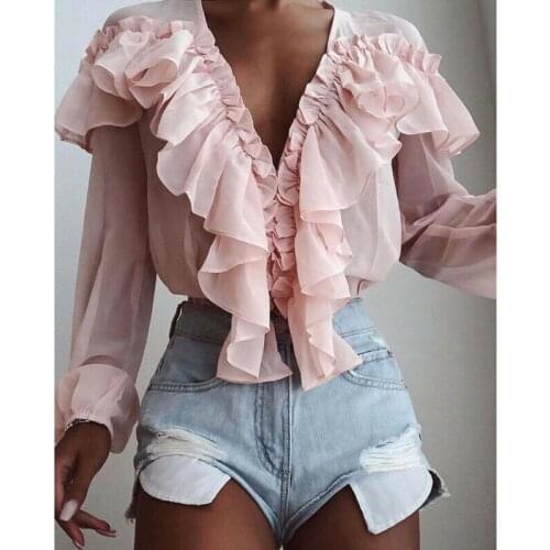 Summer Women Elegant Chiffon Shirt Female Stylish Flounce Top Solid Color V-Neck Sun protection long-sleeved fairy Blouse
