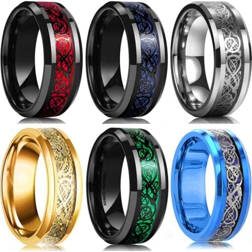 13 Colors 8mm Mens Stainless Steel Dragon Ring Inlay Red Green Black Carbon Fiber Ring Wedding Band Jewelry, Custom Engraving