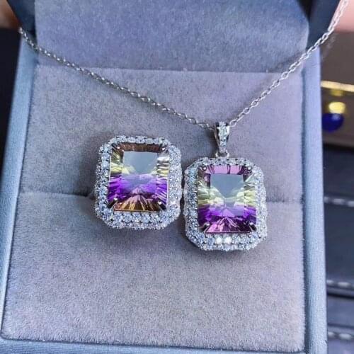 New Arrival Real Natural Ametrine jewelry set Natural Real Ametrine 925 sterling silver 1pc pendant,1pc ring