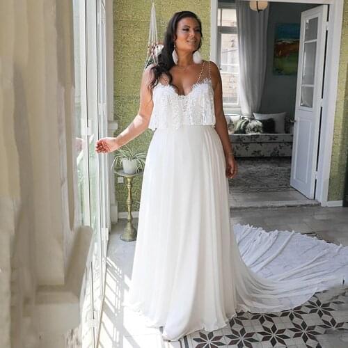 Sexy Plus Size Wedding Dresses V Neck Sleeveless Beading Lace A Line Long Train Chiffon Boho Wedding Gowns Bridal Dresses