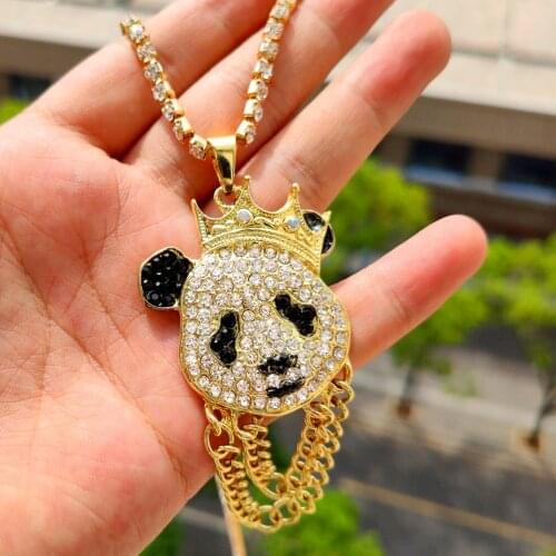 Cute Crystal Panda Metal Tassel Pendant Necklaces for Women Shining Rhinestone Tennis Chain Choker Necklace Punk Hip Hop Jewelry