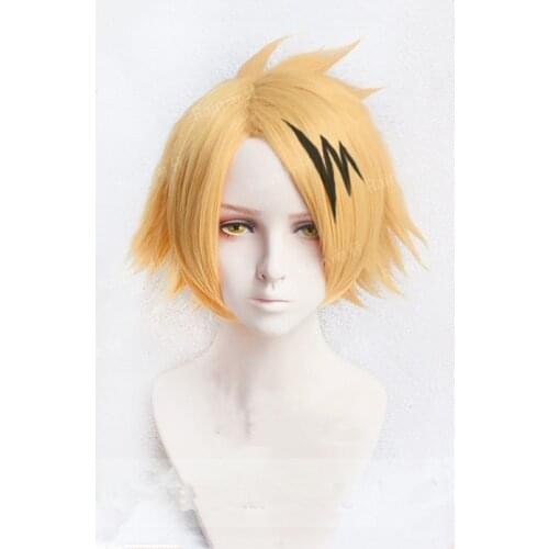 Anime My Hero Hero Academia Denki Kaminari Wigs Short Golden Heat Resistant Synthetic Cosplay Wigs+ Wig Cap+ Black Lightening