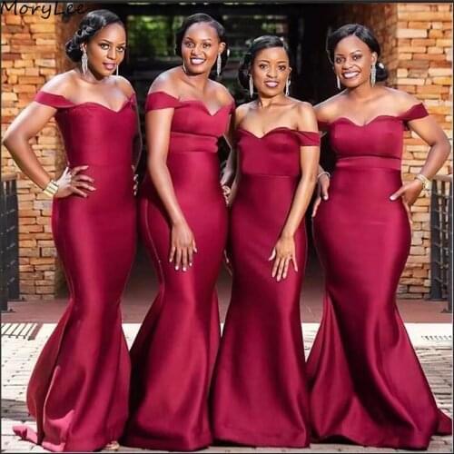 Bridesmaid Dresses Burgundy Off The Shoulder Satin Sweep Train Bridesmaid Dresses Wedding Party Bridemaid Gowns With Zipper Back
