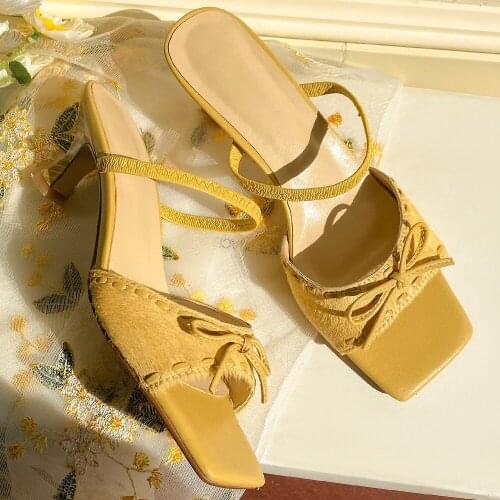 Womens horsehair open toe slip-on thin high heel sandals elegant ladies summer mules high quality bowtie sweet slides shoes hot