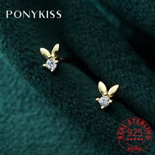 PONYKISS 100% 925 Sterling Silver Zircon Cute Rabbit Stud Earrings Exquisite Compact Earrings Accessory Girl Birthday Cute Gift