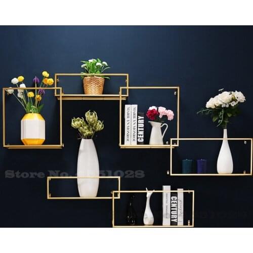 Nordic Square Iron Bracket Nordic Wall-mounted Router Storage Rack Nano Gold Craft TV Background Decoration Rack Wall Shelf