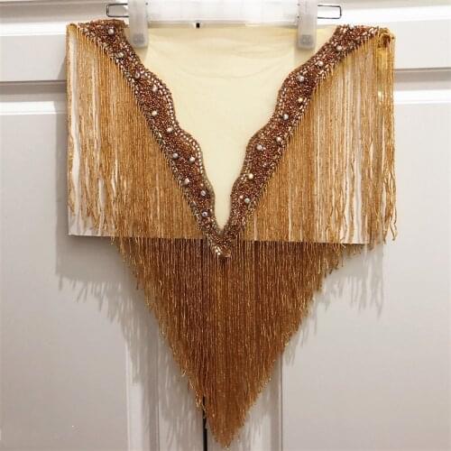 Hot sale new wedding embroidered crystal beaded tassels collar appliques many color Deep-V neckline with more fringe