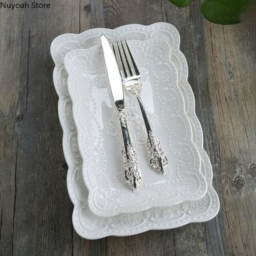 Creative Retro European Style Embossed Rectangular Plate with Gold Tray Household Fish Plate Snack Plate Ceramic Tableware
