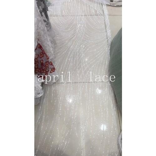 Stock 5 yards new bzh035 # crystal white curve glued glitter mesh tulle lace fabric for sawing bridal wedding dress