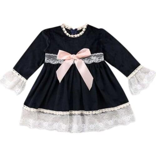 2021 Spring Baby Girls Dress European and American Kids Lace Bow Long Sleeve Princess Dresses Princess Party Childrens Dress