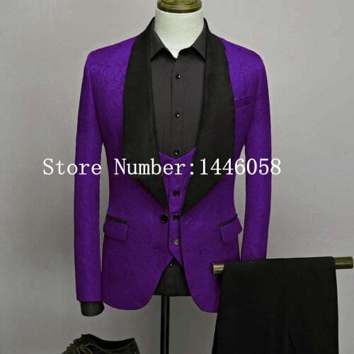 2020 Italian Custom Made Gentleman Purple Jacquard Wedding Prom Men Suits Morning Tuxedos Groom Business Suit Jacket+Pant+Vest