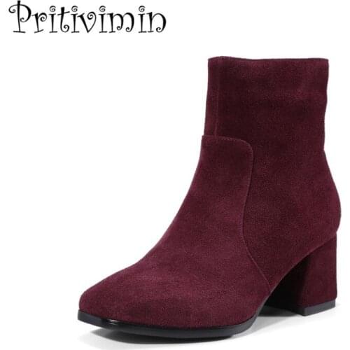 2018 New autumn winter ladies high quality shoes woman cow suede thick high heel 4 color anti-skid ankle boots Pritivimin FN115