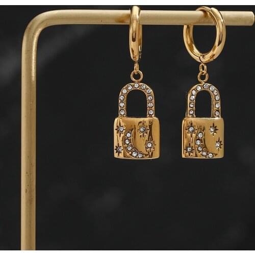 Terndy Stainless Steel Gold Plated Waterproof Tarnish Free Hoop Earrings Zircon Lock Cute Earrings For Women Girls Party Jewelry