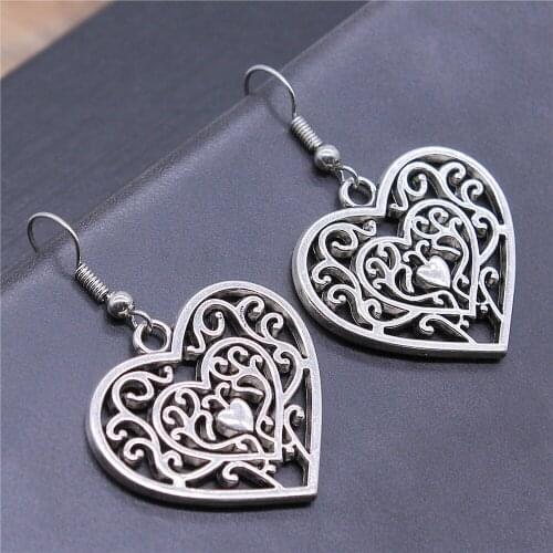 Vintage Antique Silver Color 30x27mm Hollow CarVing Heart Charms Dangle Earrings Drop Earrings For Women