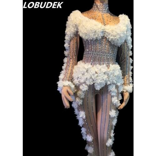 Pink White Flowers Crystals Jumpsuit Women Nightclub Singer Stage Costume Birthday Celebration Prom Party Performance Bodysuits