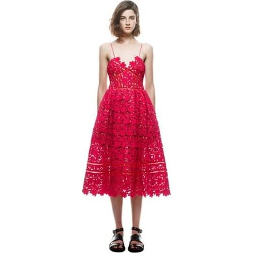 2021 New Summer Runway Dresses Womens Sexy Spaghetti Strap Lace Mid-Calf Dress Crochet V Neck Backless Dress Vestidos