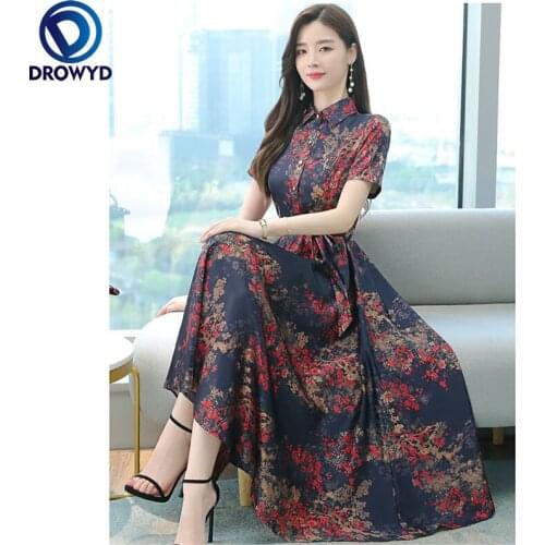 2021 Summer Beach Maxi Dress for Women New Lotus Leaf Collar Dress Short Sleeve Printing Retro Temperament Waist Slimming Dress