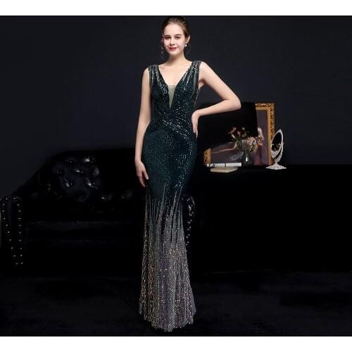 LYABKA Sexy V-Neck Sequin Evening Dress Long Women Robe De Soiree Bodycon Maxi Dress Green Mermaid Evening Dresses 2022