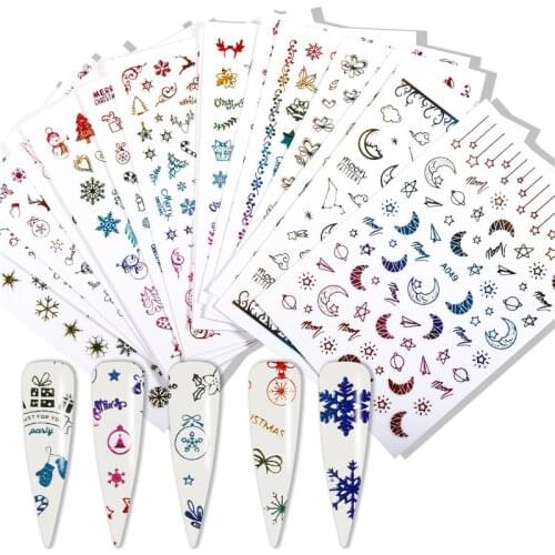 16Sheets Christamas Nail Art Sticker Decals Snowflake Tree Reindeer Santa Moon Nail Art 3D Sticker Self-Adhesive Foil Holo Tips
