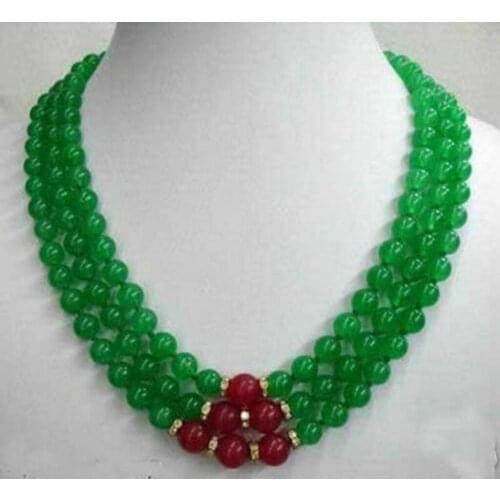 3Rows 8mm Genuine Green Jade & Red Ruby 3 Rows Necklace