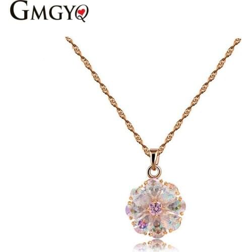 GMGYQ Wholesale Fashion Rainbow Crystal CZ Pendant Necklace Trendy Gold Color Zircon Chains For Women Classic Design Graduation