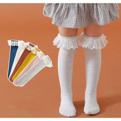 Baby Girls Socks Knee High with Lace Ruffle Socks Girls Princess Sweet Socks Leg Warmer Long Tube Socks for Kids Children 3-8Y