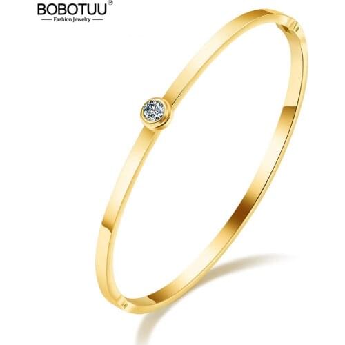 BOBOTUU Classic Cubic Zirconia Round Circle Bangles Bracelet For Women 3 Colors Stainless Steel OL Style Birthday Party BB18103