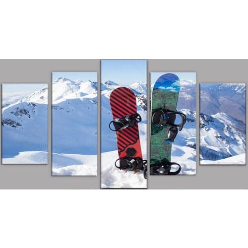 Painting Poster HD Printed 5 PiecesPcs Sunrise Ice Mountain Ski Canvas Snowboard Home Decor Wall Art Modular Picture декор комна