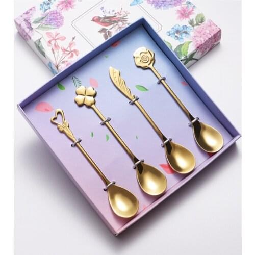 Stainless Steel Coffee Spoon flower Pattern Rosegold Spoon Gift Box Wedding Gift Spoon Set Kitchen accessory Tableware set 4PCS
