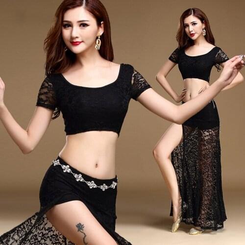 2020 New Sexy Belly Dance Long Skirt 3-Piece Lace Dress Sexy Dancer Practice Costume Set Black Blue Rose red Professional Dress