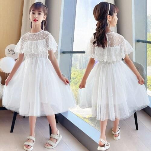 Summer Girls White Fairy Sweet Lovely Princess Dress Fashion Mesh Lace Soft Dresses For 8 To 12 Years Old Girl Clothes