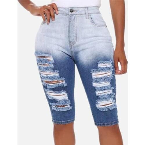 Fashion Gradient Ripped Half Length Jeans Casual High Waist Wide Slim Fit Summer Skinny Stretch Wild Hole Denim Fifth Pants