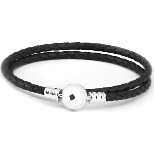 Genuine 925 Sterling Silver Moments Double Black Braided Leather Bracelet For Women DIY Jewelry bracelet femme